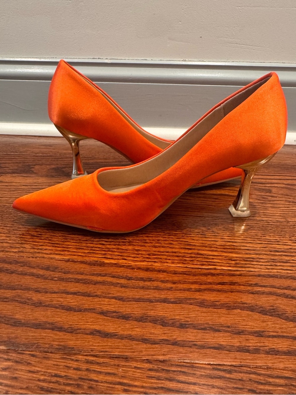 Orange Satin Pointed-Toe Pumps with Gold Sculpted Heel